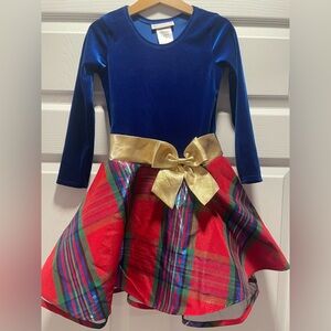 Festive Blue and Red Plaid Dress with Gold Bow